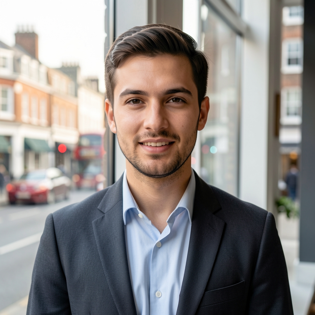 Portrait of Tobias Marsden, contributing writer, standing in natural daylight near a large window with a view of a London street